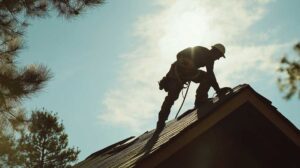 A close-up of mismatched roof shingles with visible patchwork and repair tools nearby.
